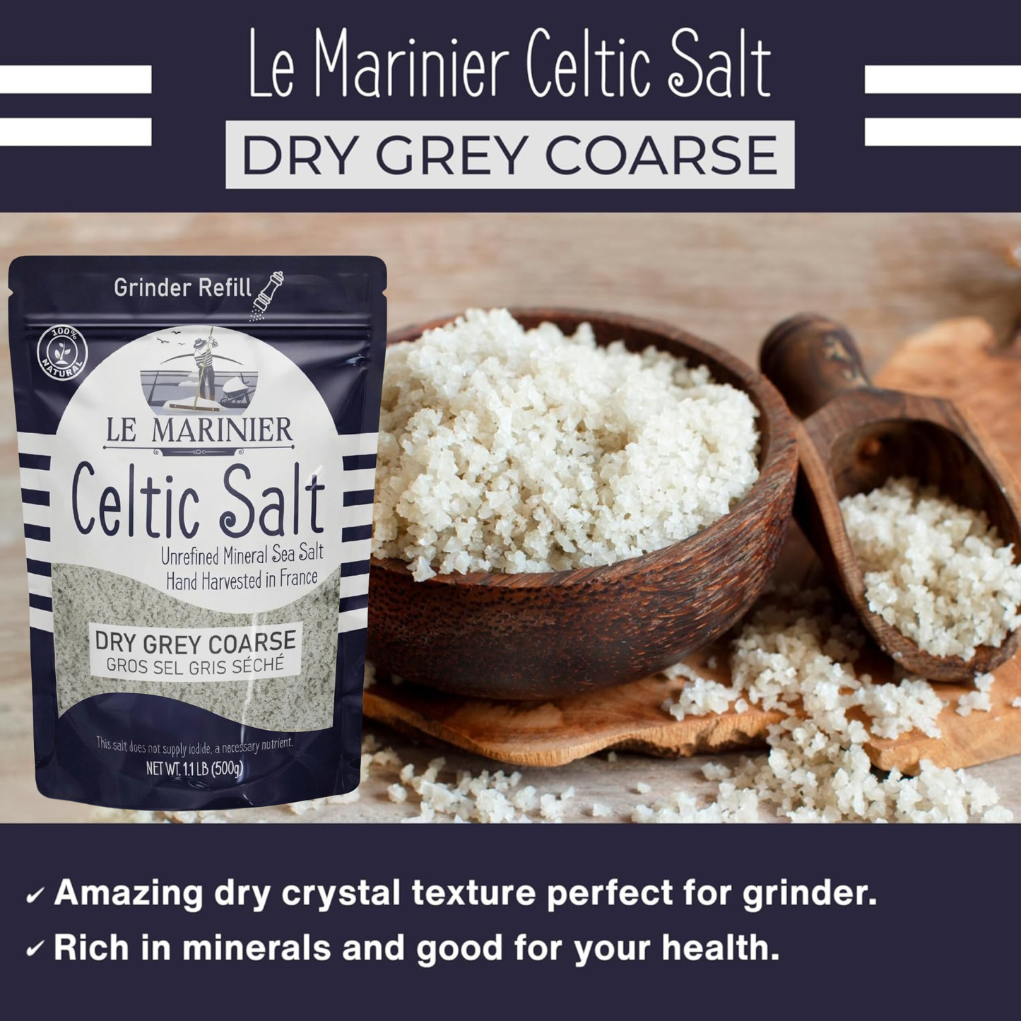Le Marinier French Sea Salt Dry Grey Coarse, 1.1lb – (500g)