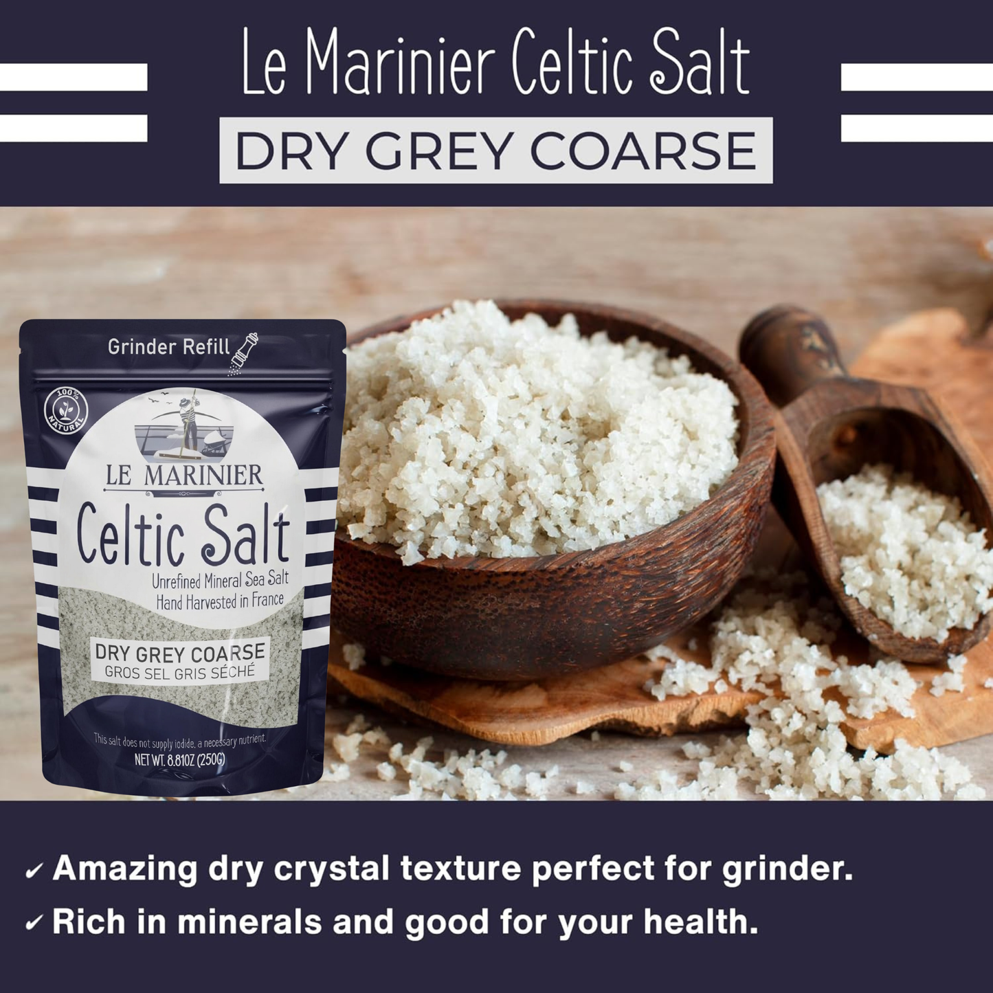 Le Marinier French Sea Salt Dry Grey Coarse, 0.6lb – 8.81oz (250g).