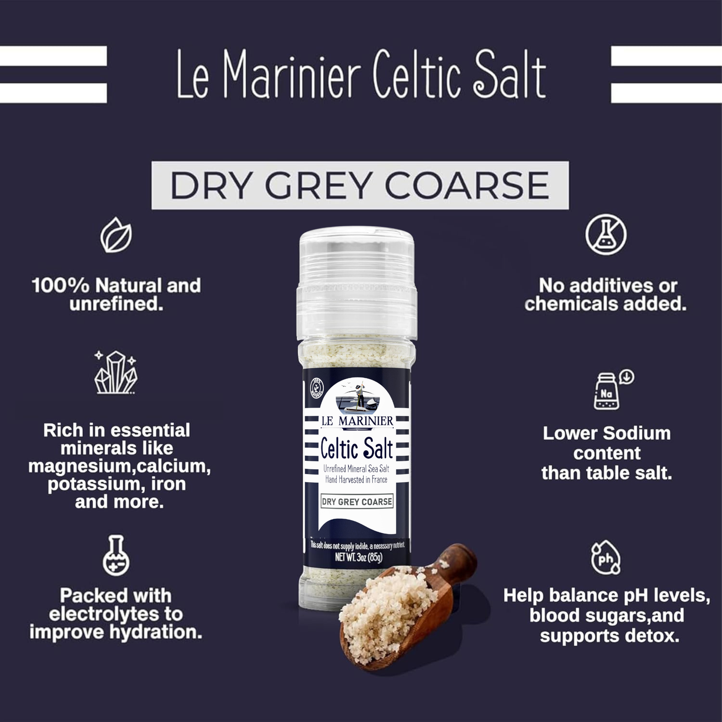 Le Marinier French Sea Salt Dry Grey Coarse, 3oz Refillable Glass Grinder