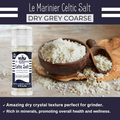 Le Marinier French Sea Salt Dry Grey Coarse, 3oz Refillable Glass Grinder