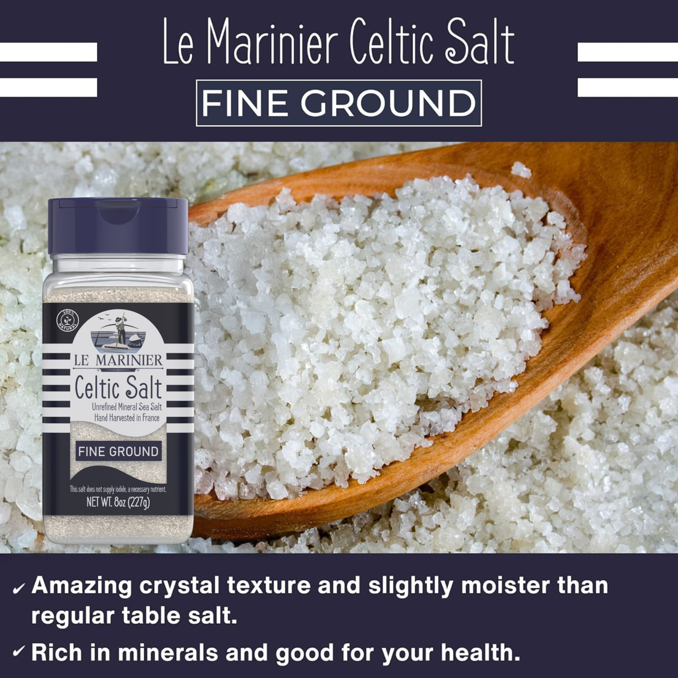 Le Marinier Celtic Salt Organic Fine Ground, 8oz.