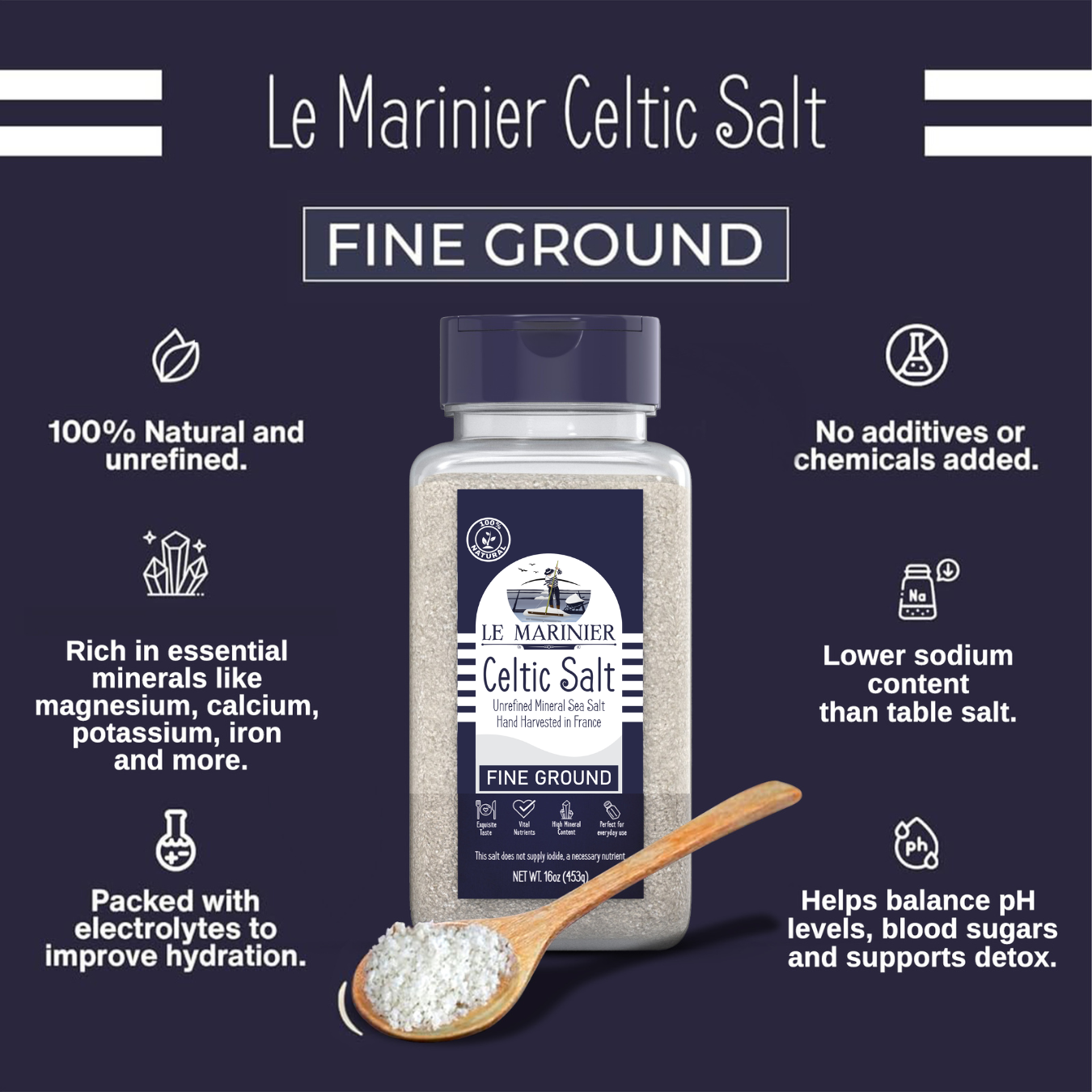 Le Marinier Celtic Salt Organic Fine Ground, 1 lb - 16oz Shaker