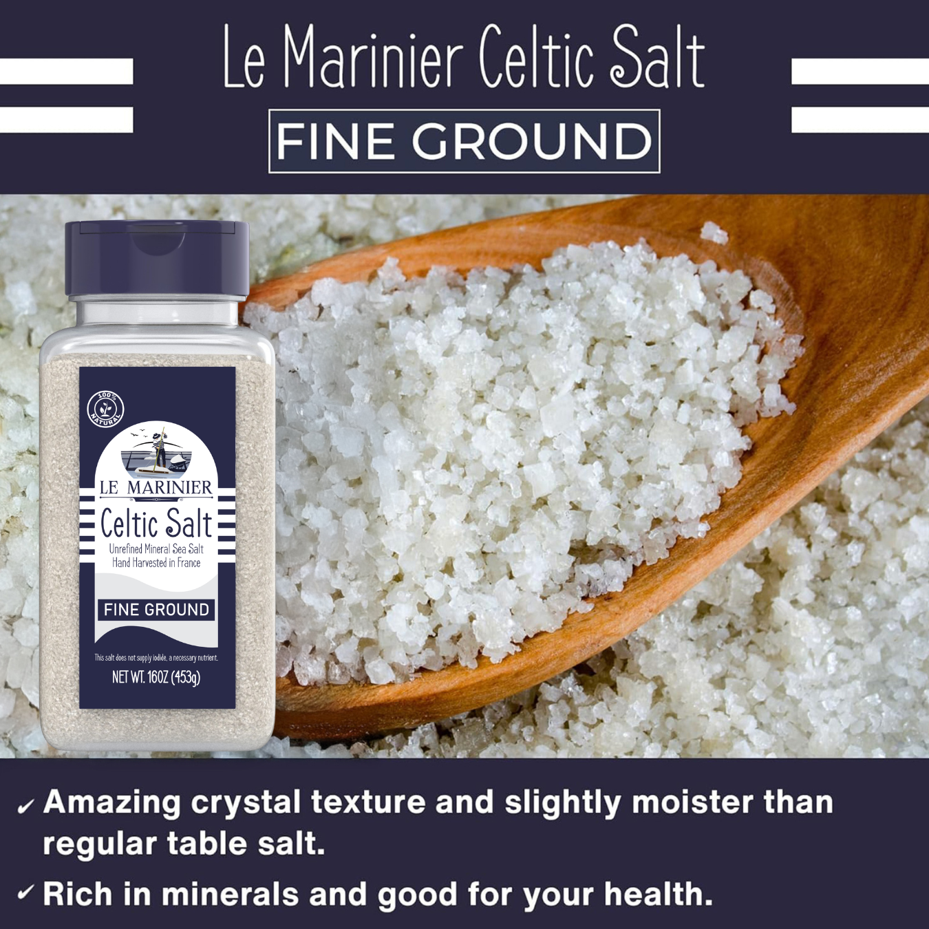 Le Marinier Celtic Salt Organic Fine Ground, 1 lb - 16oz Shaker