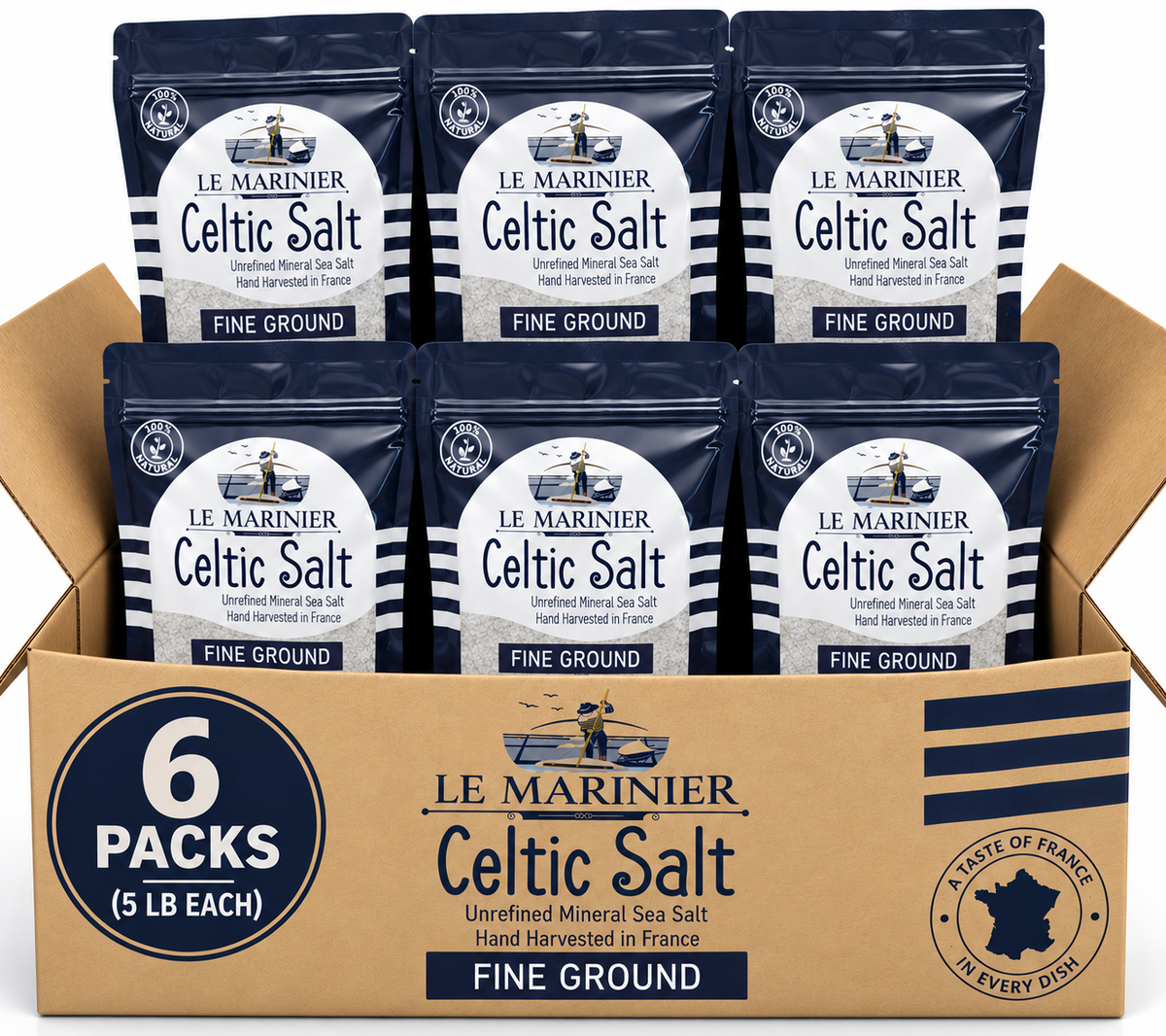 6 PACK Le Marinier Celtic Salt Fine Ground - 5lb / 2.27kg