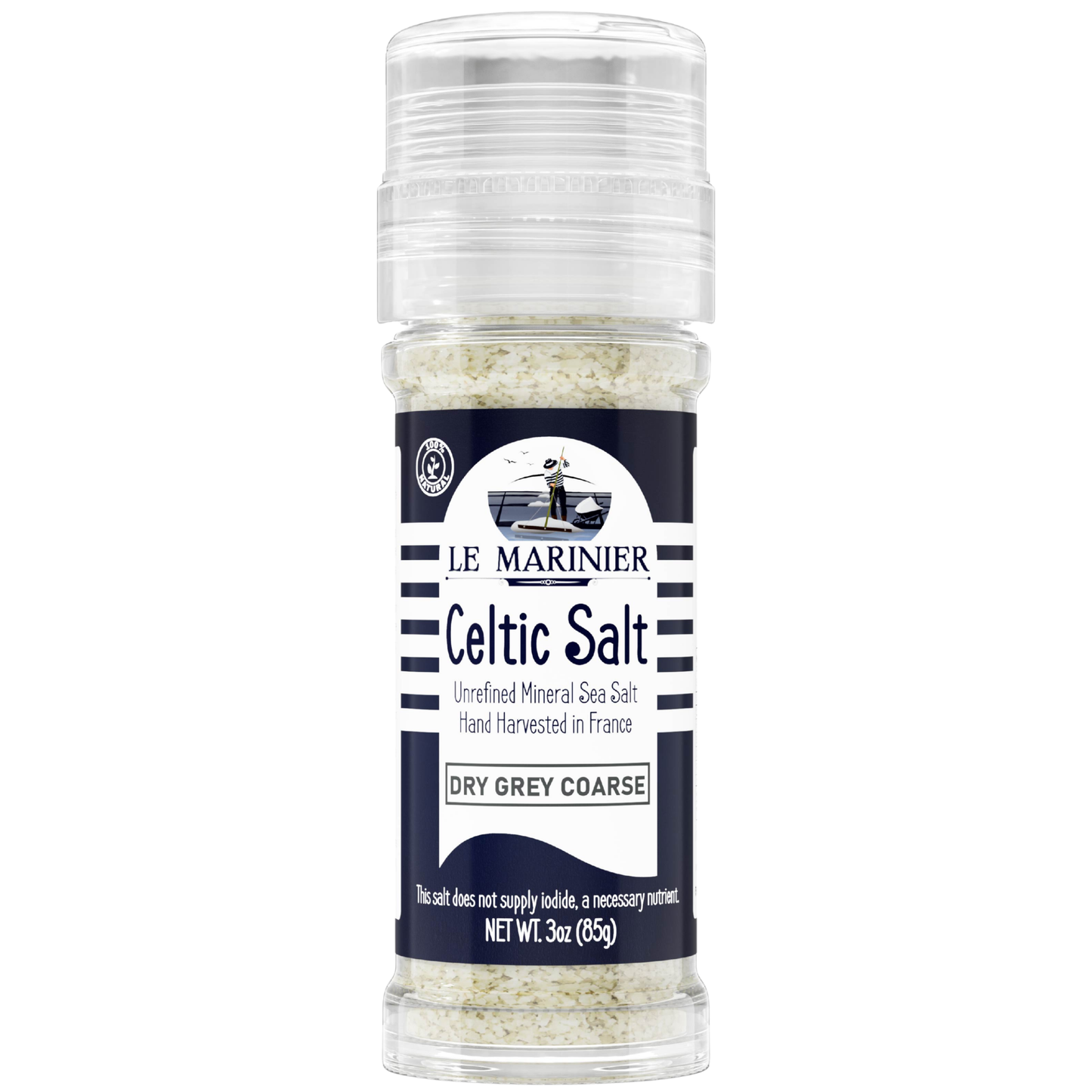 Le Marinier French Sea Salt Dry Grey Coarse, 3oz Refillable Glass Grinder